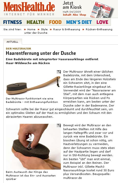 Der Original-Artikel auf MensHealth.de (Heft 04/2009): „Haarentfernung unter der Dusche“ mit Fotos des multirazor