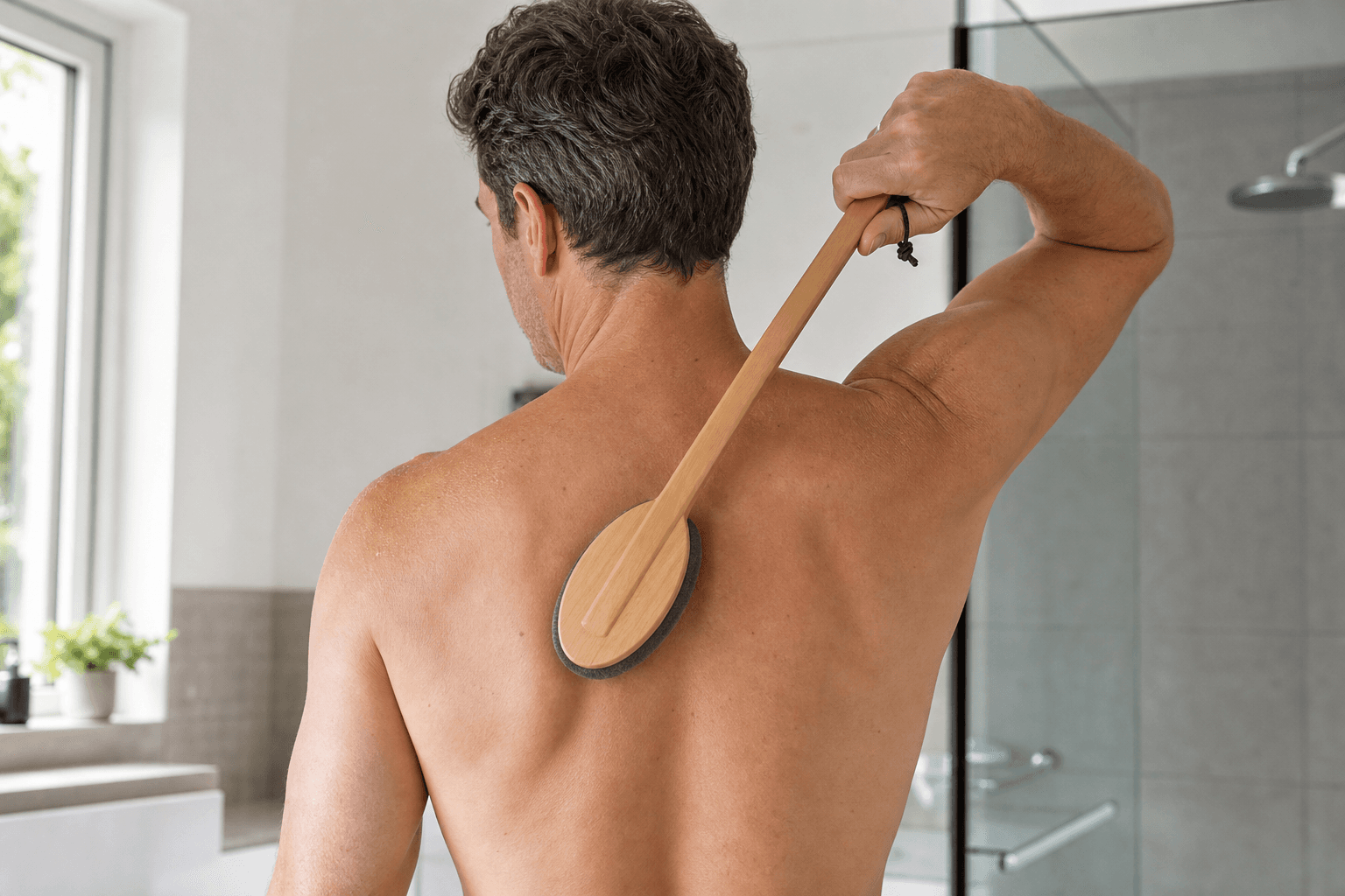 Mann rasiert sich mit dem multirazor selbst den Rücken im Badezimmer